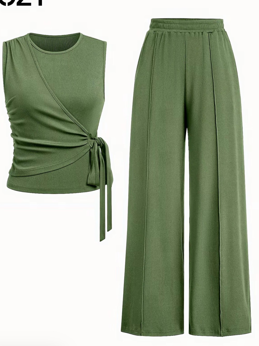 Light Olive Wide-Leg  Pant Set with side tie blouse